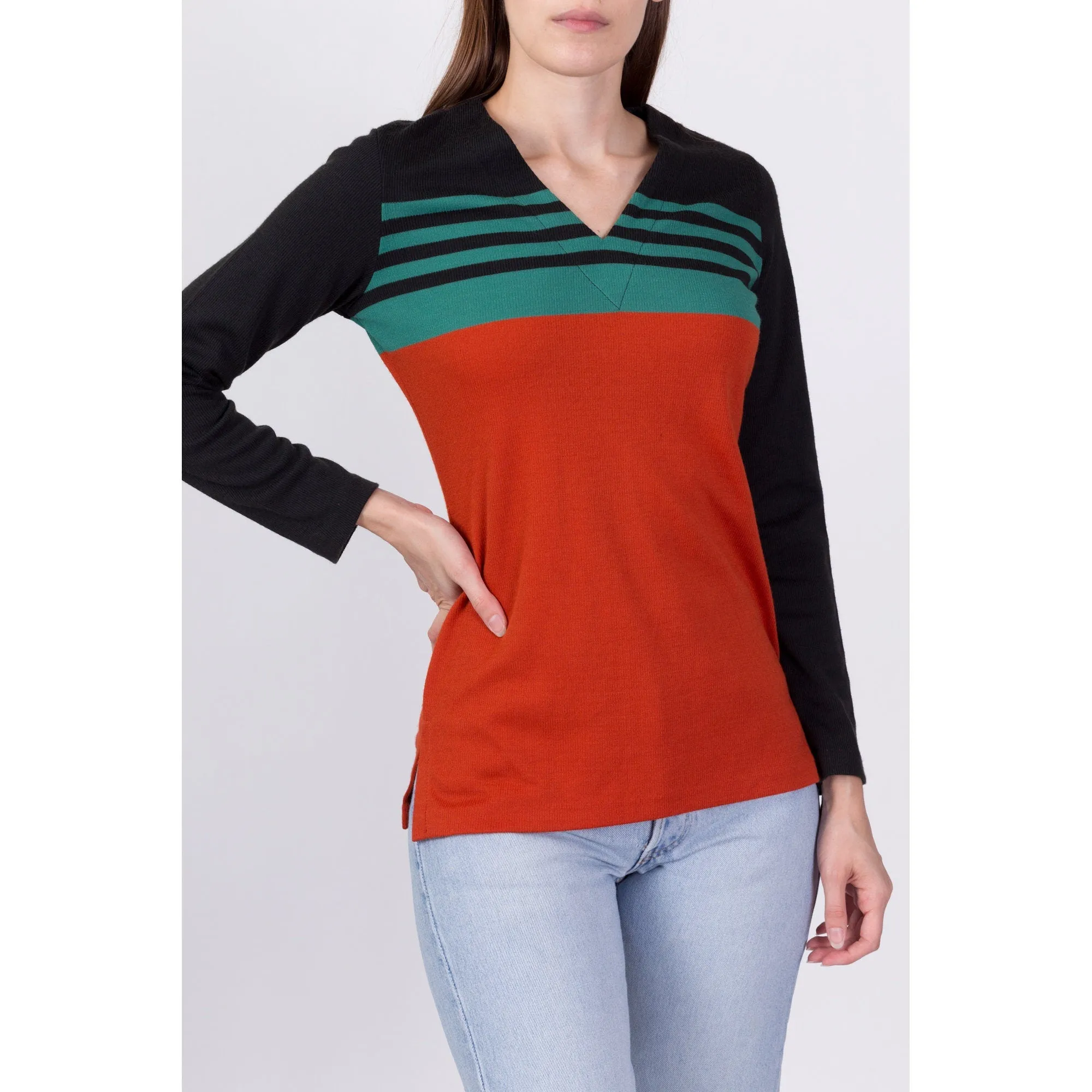 70s Color Block Striped Knit Shirt - Small