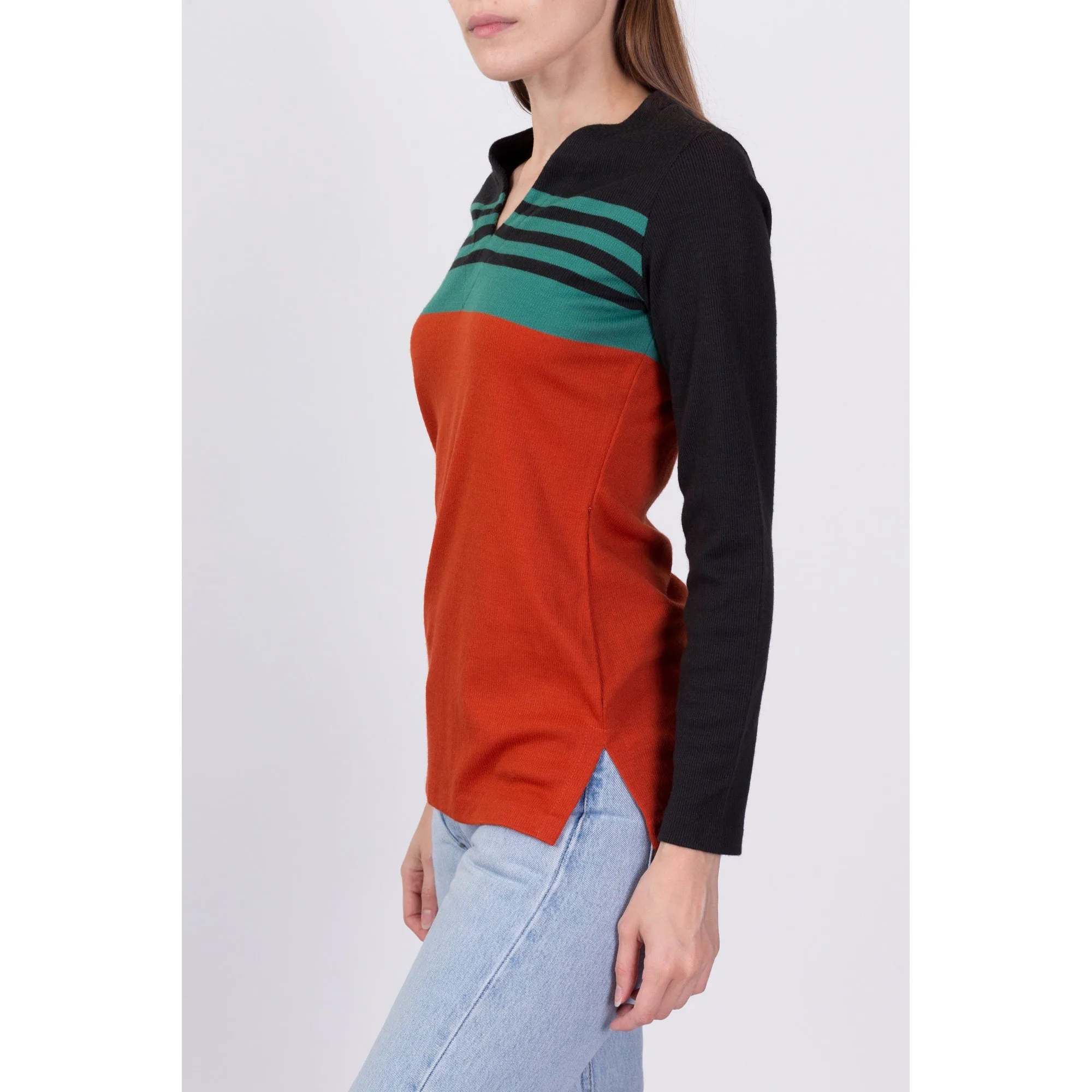 70s Color Block Striped Knit Shirt - Small