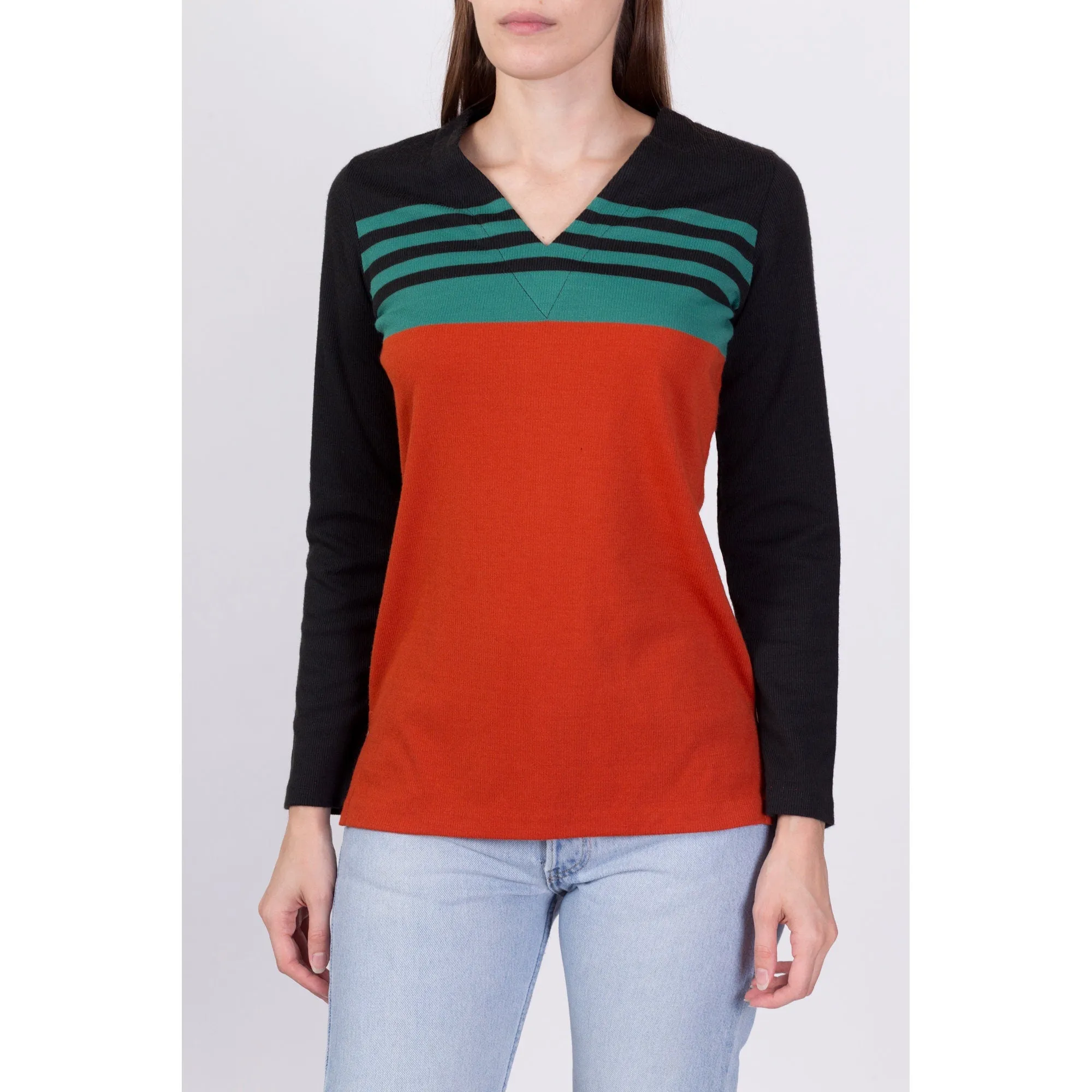 70s Color Block Striped Knit Shirt - Small