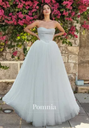 A-Line Strapless Empire-Waist Sleeveless Tulle Long Beach Wedding Dress