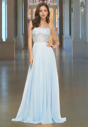 A-Line Strapless Prom Dress with Appliques Illusion Corset Tulle Evening Party Dress