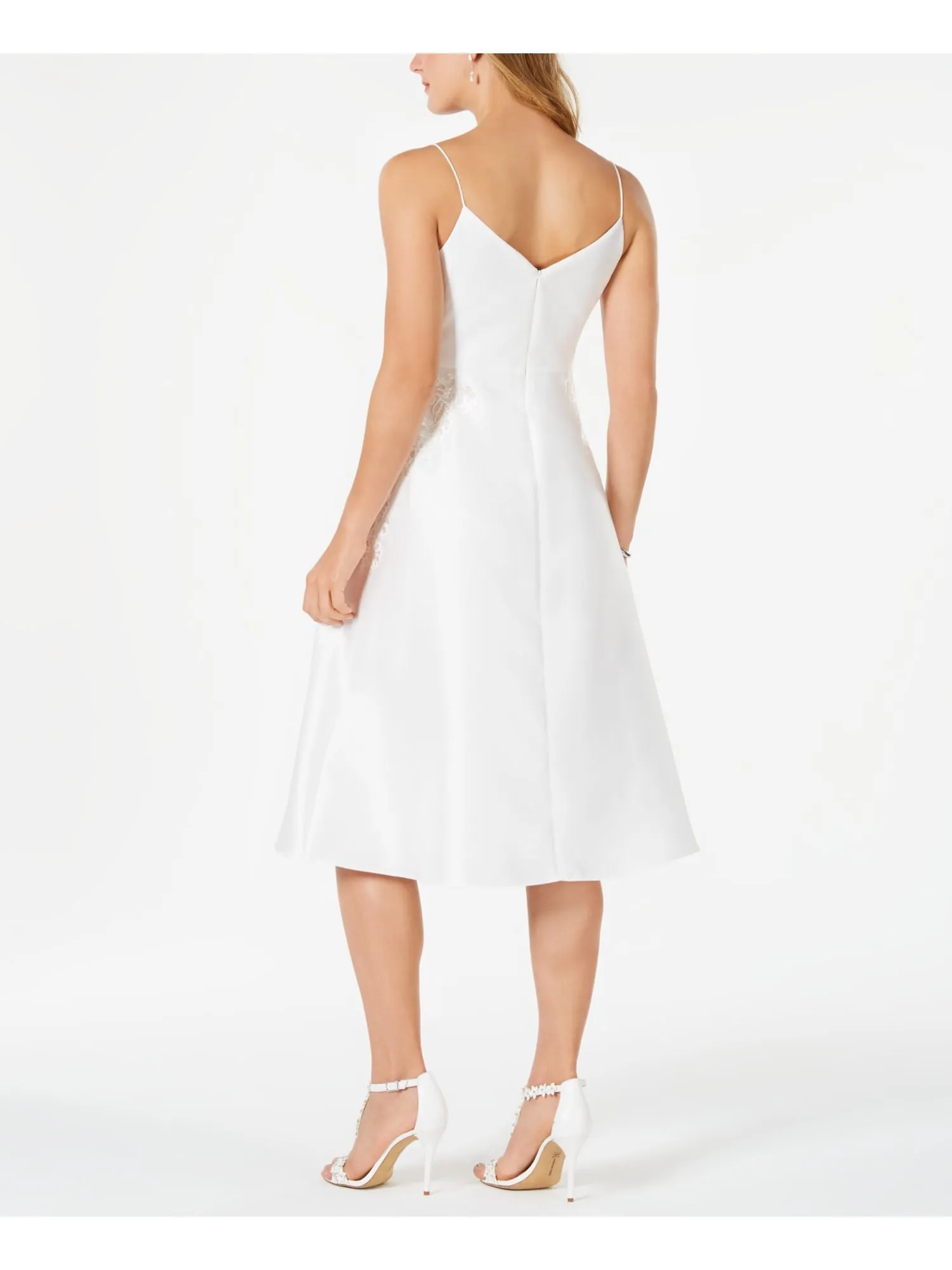 ADRIANNA PAPELL Womens Embroidered Sequined Spaghetti Strap V Neck Midi Formal Fit   Flare Dress