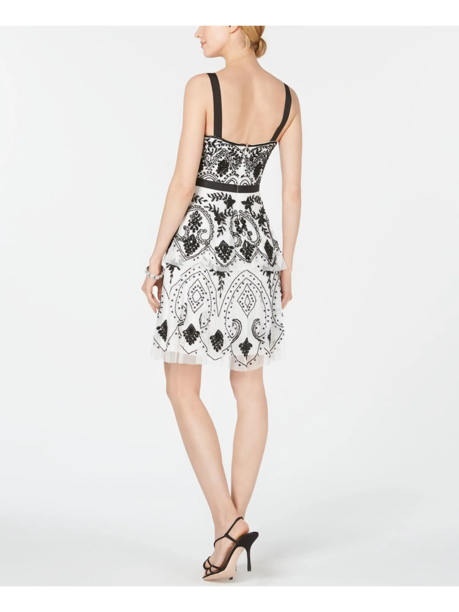 ADRIANNA PAPELL Womens Ivory Beaded Sleeveless Scoop Neck Above The Knee Cocktail A-Line Dress