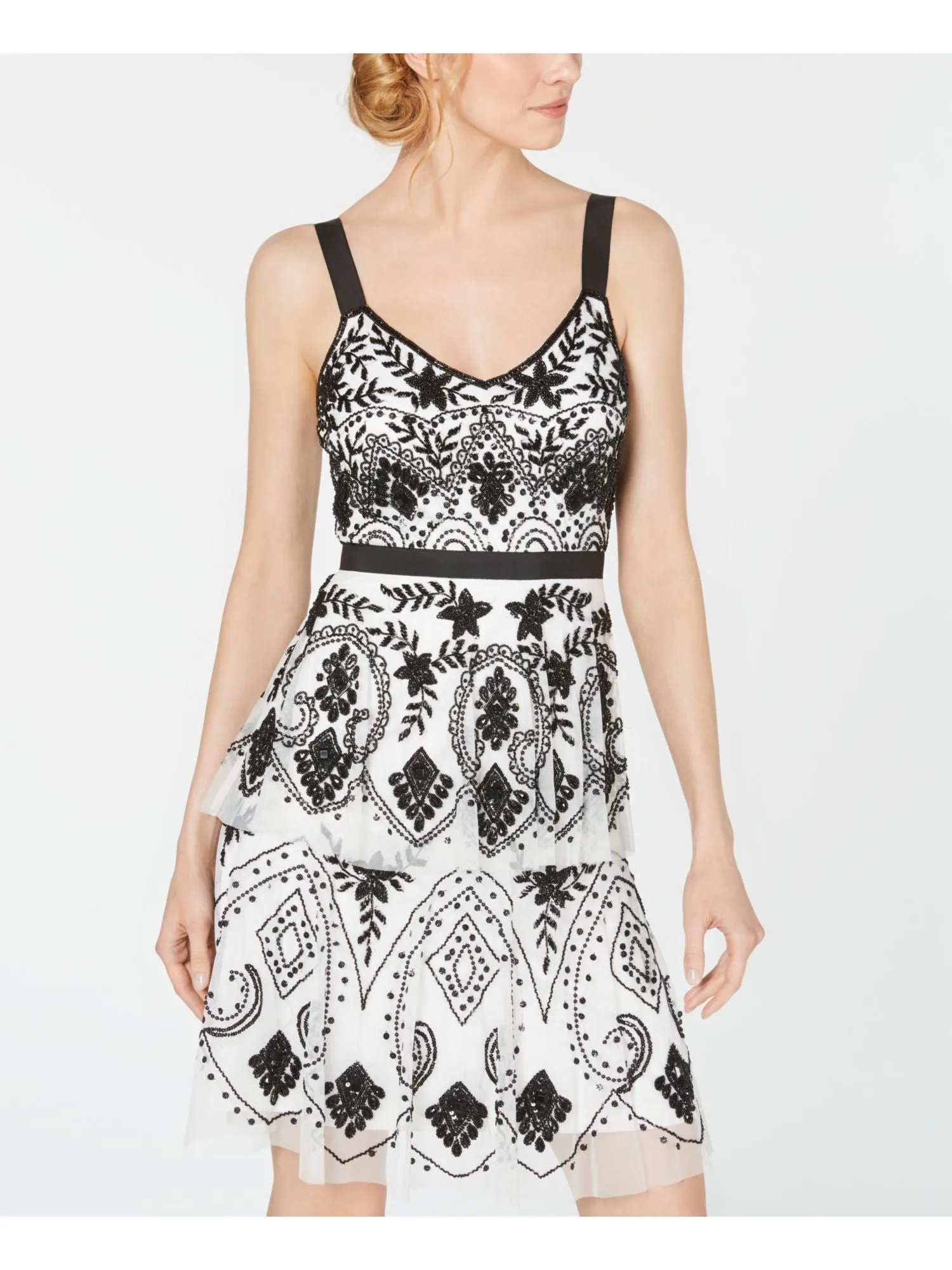 ADRIANNA PAPELL Womens Ivory Beaded Sleeveless Scoop Neck Above The Knee Cocktail A-Line Dress