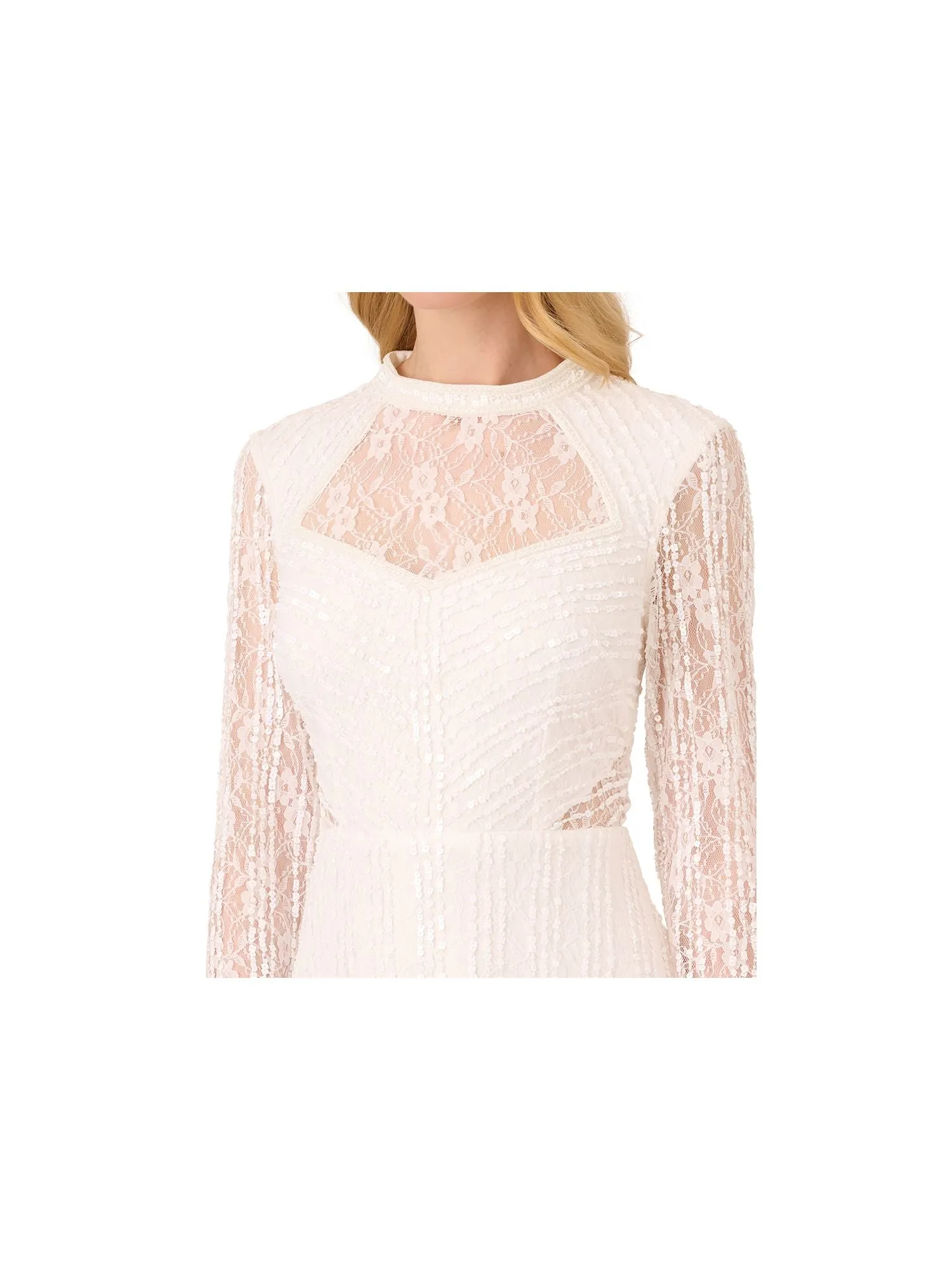 ADRIANNA PAPELL Womens Ivory Embellished Zippered Illusion Cutouts Lined Long Sleeve Mock Neck Short Party Fit   Flare Dress