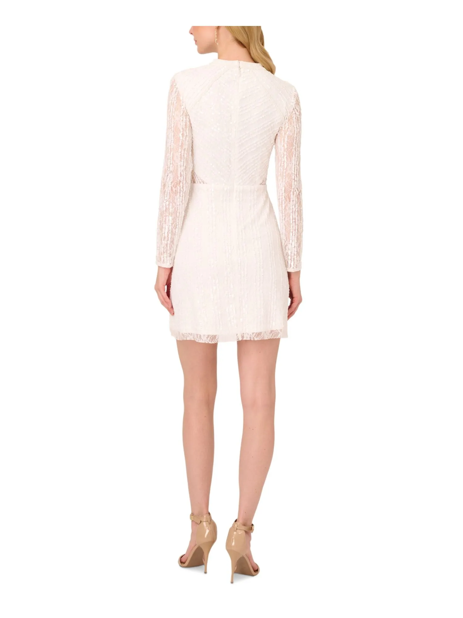 ADRIANNA PAPELL Womens Ivory Embellished Zippered Illusion Cutouts Lined Long Sleeve Mock Neck Short Party Fit   Flare Dress