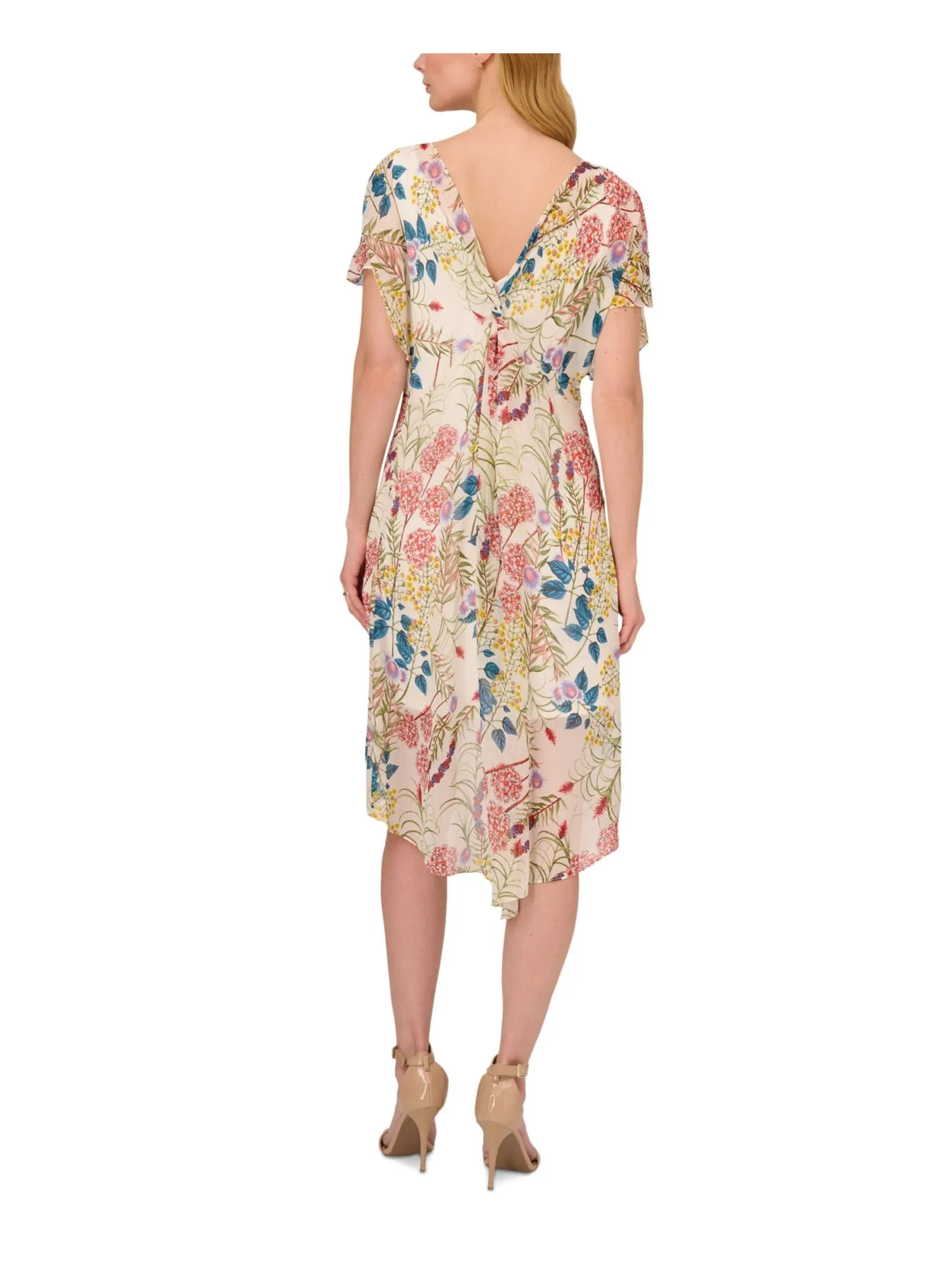ADRIANNA PAPELL Womens Ivory Slitted Lined Asymmetric Hem Pullover Floral Flutter Sleeve Boat Neck Midi Shift Dress