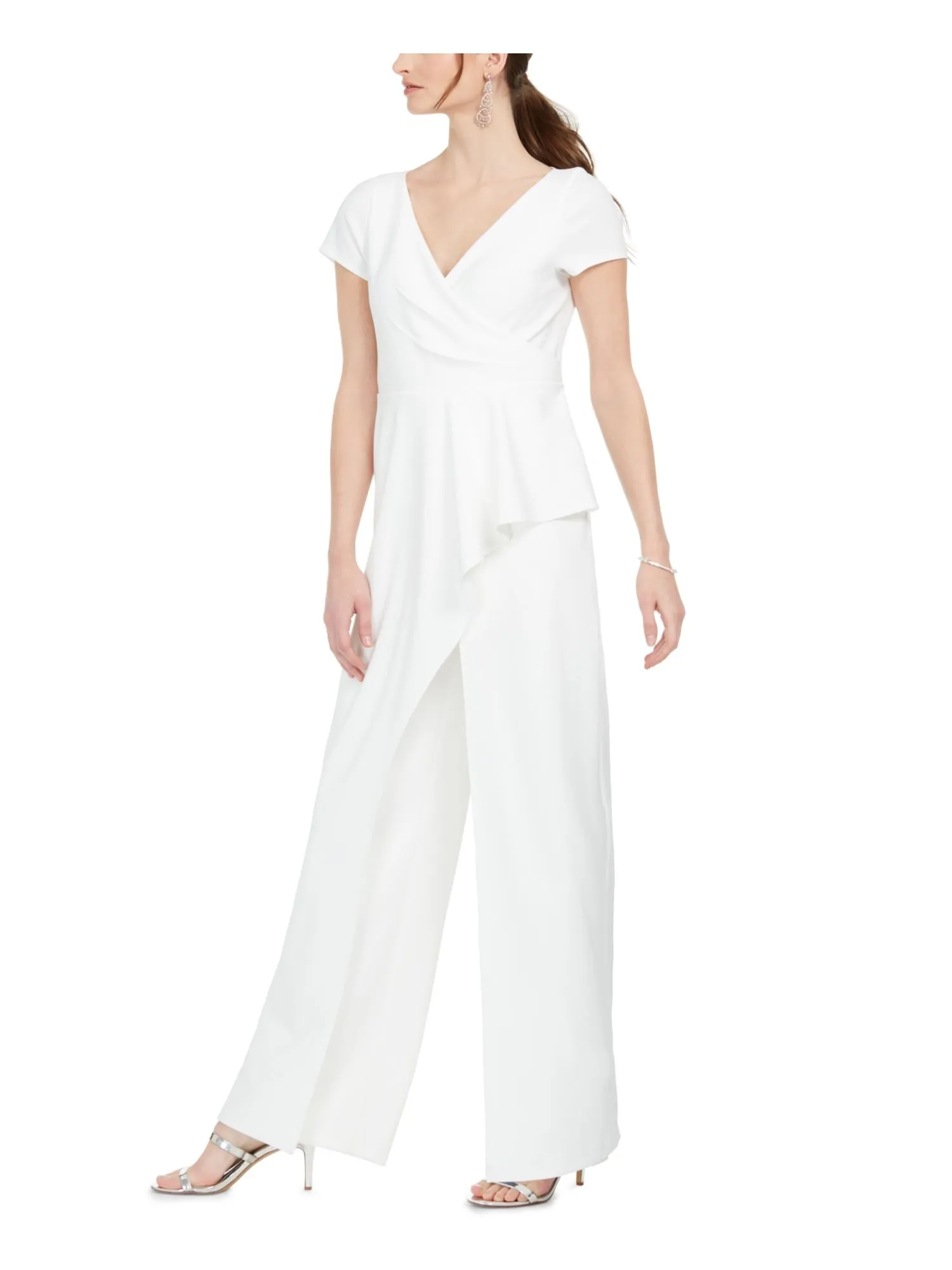 ADRIANNA PAPELL Womens Ivory Zippered Short Sleeve V Neck Wide Leg Jumpsuit
