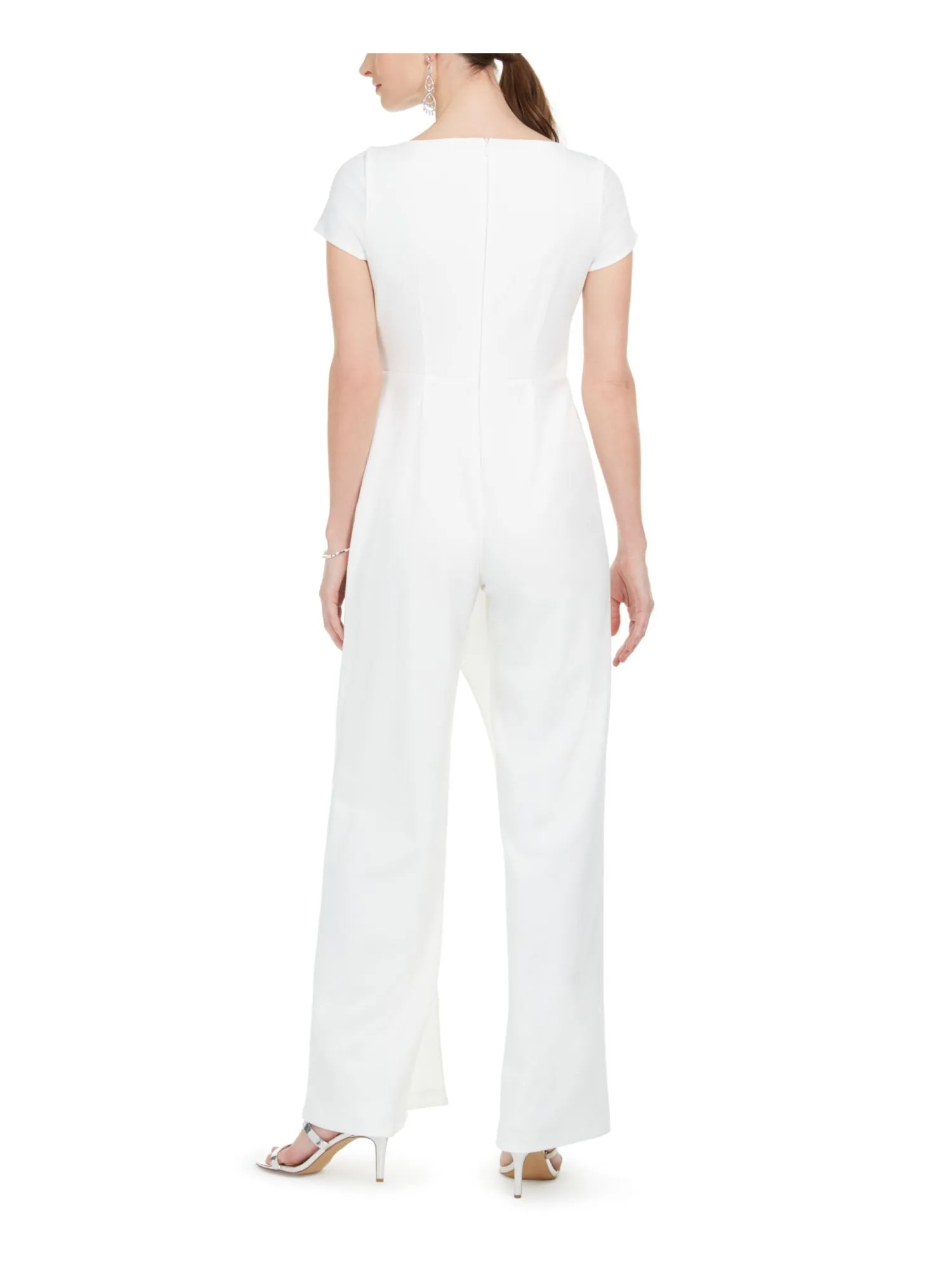 ADRIANNA PAPELL Womens Ivory Zippered Short Sleeve V Neck Wide Leg Jumpsuit