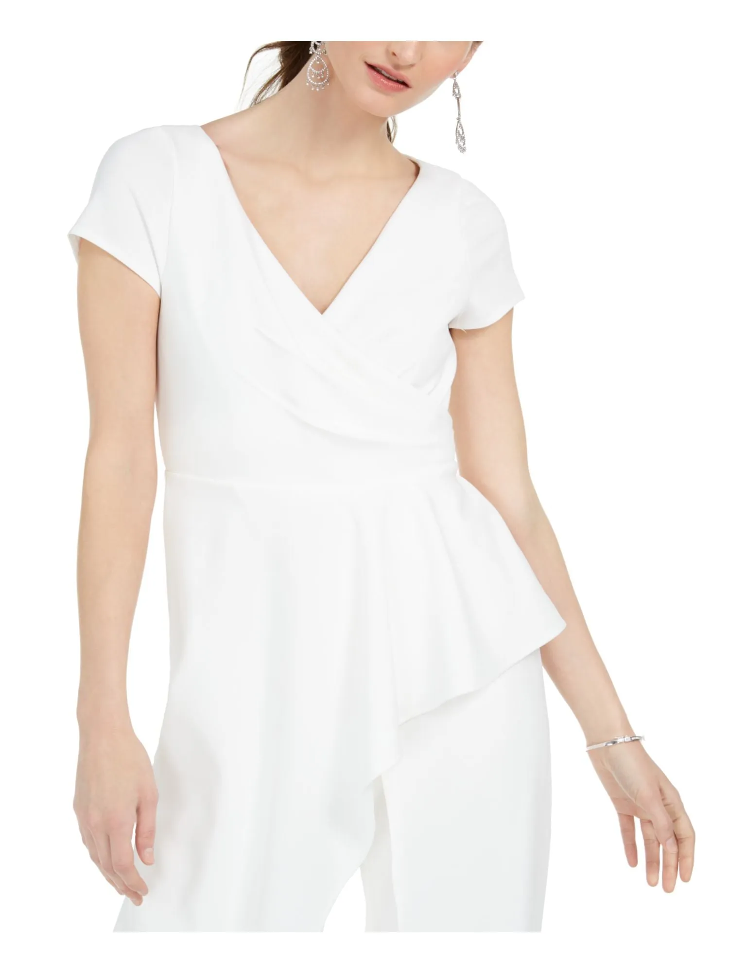 ADRIANNA PAPELL Womens Ivory Zippered Short Sleeve V Neck Wide Leg Jumpsuit