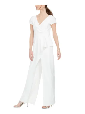 ADRIANNA PAPELL Womens Ivory Zippered Short Sleeve V Neck Wide Leg Jumpsuit