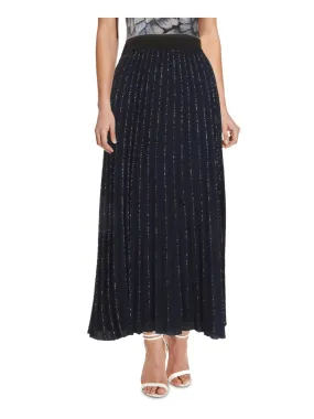 ADRIANNA PAPELL Womens Navy Metallic Pull On Styling Tea-Length Cocktail Pleated Skirt