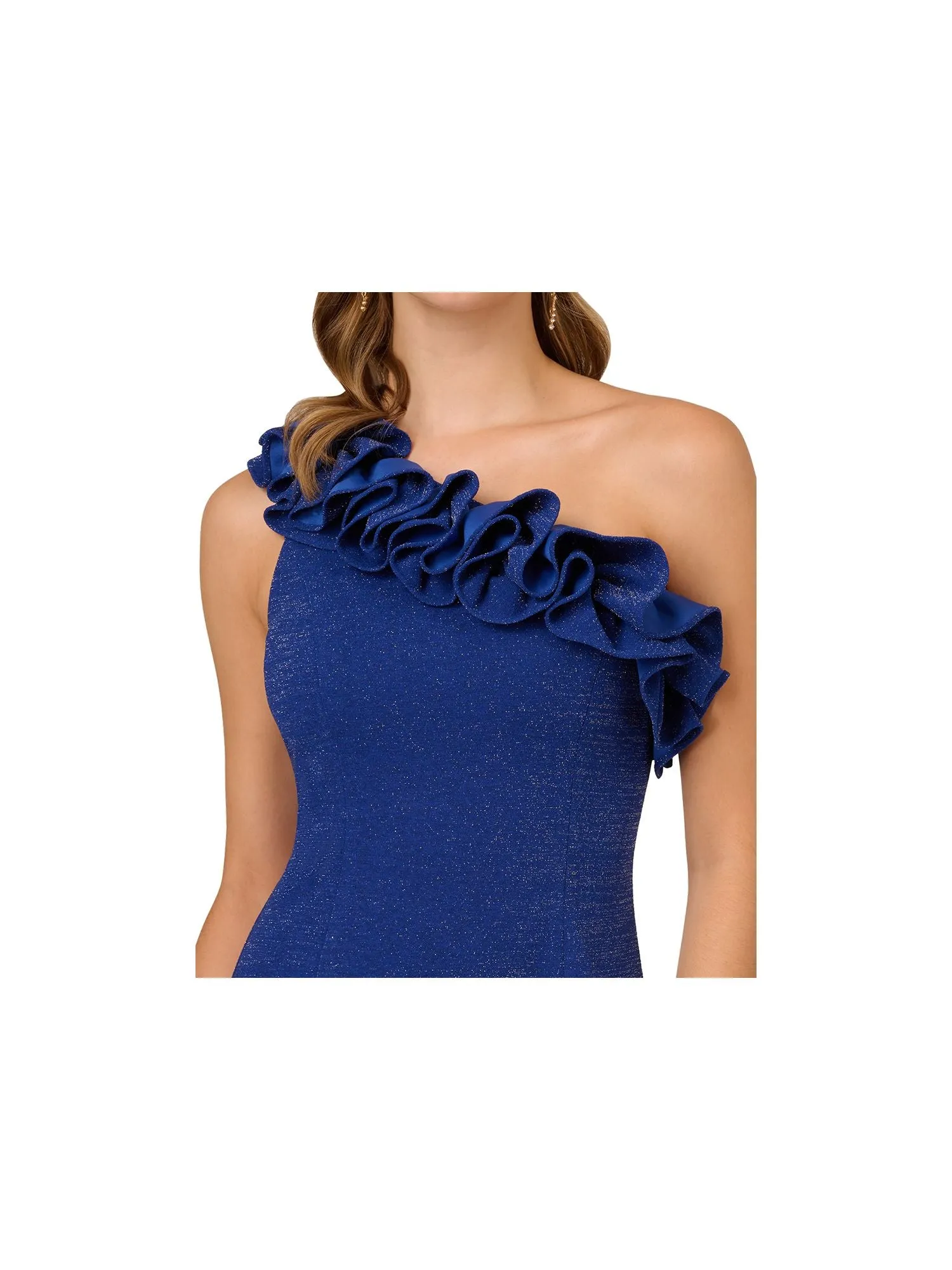 ADRIANNA PAPELL Womens Navy Stretch Metallic Zippered Slitted Lined Ruffle Neckline Sleeveless Asymmetrical Neckline Above The Knee Cocktail Sheath Dress