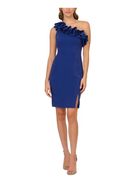 ADRIANNA PAPELL Womens Navy Stretch Metallic Zippered Slitted Lined Ruffle Neckline Sleeveless Asymmetrical Neckline Above The Knee Cocktail Sheath Dress