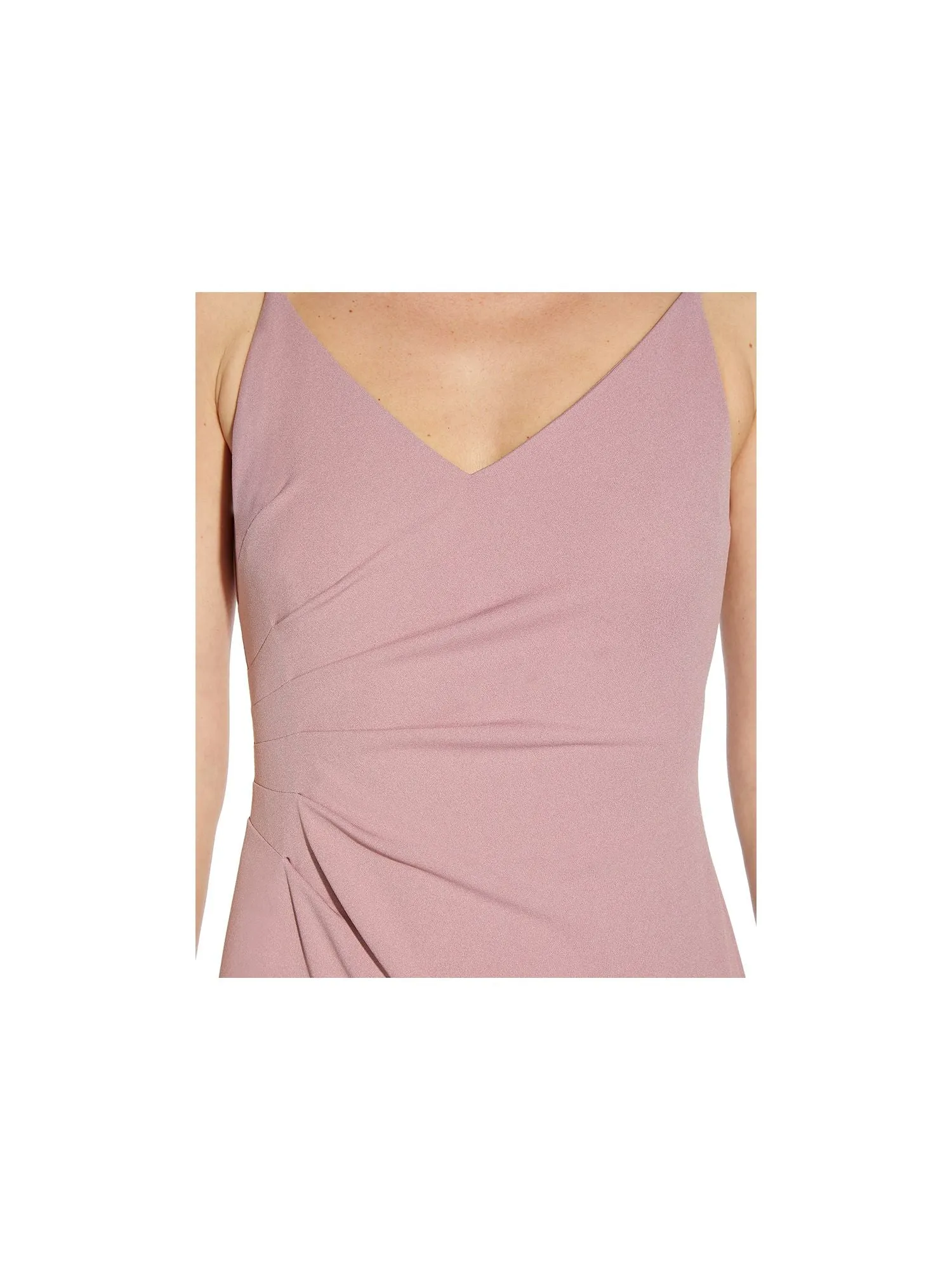 ADRIANNA PAPELL Womens Purple Stretch Ruched Zippered Column Silhouette Back Slit Spaghetti Strap V Neck Full-Length Evening Dress
