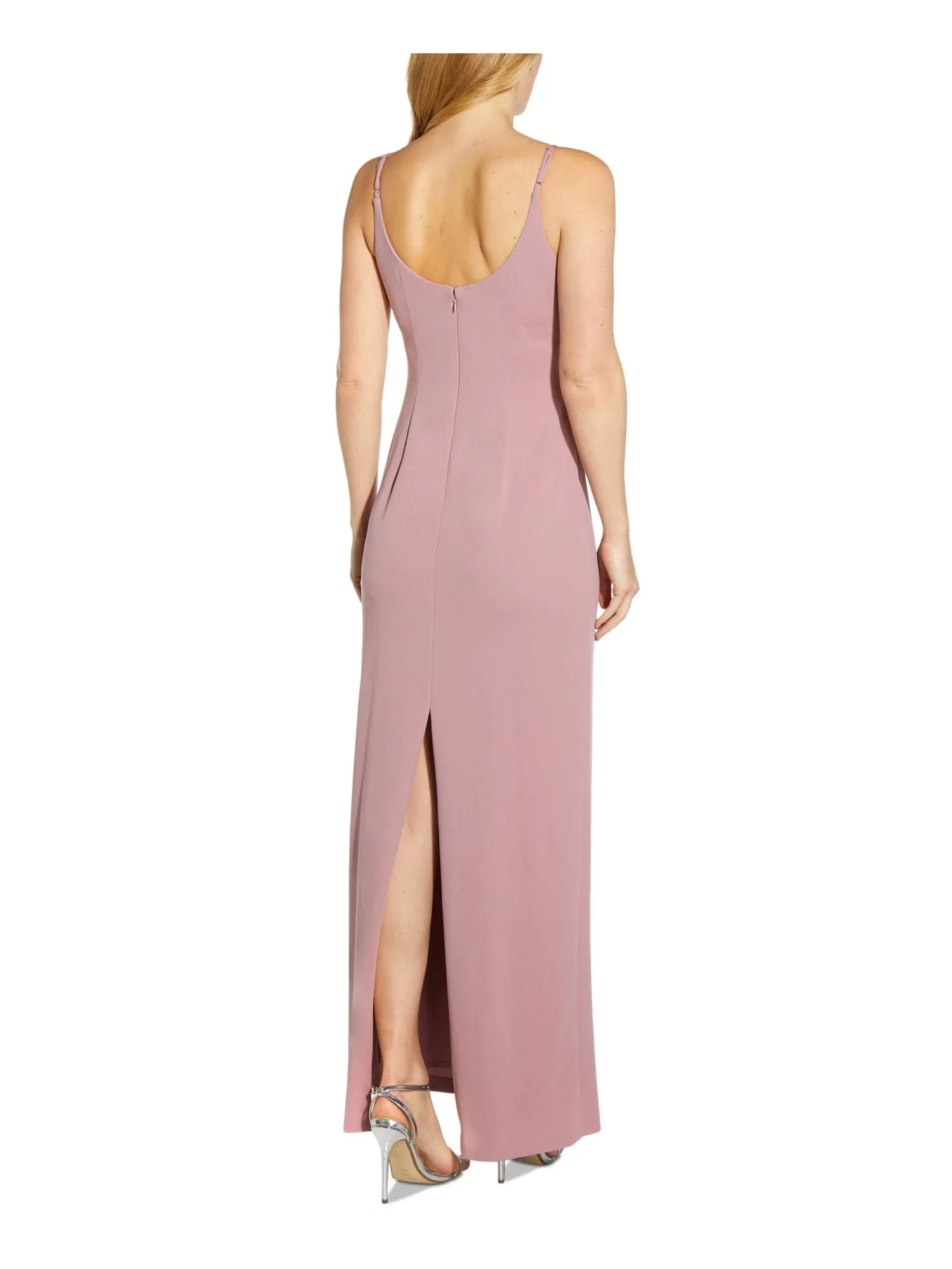 ADRIANNA PAPELL Womens Purple Stretch Ruched Zippered Column Silhouette Back Slit Spaghetti Strap V Neck Full-Length Evening Dress
