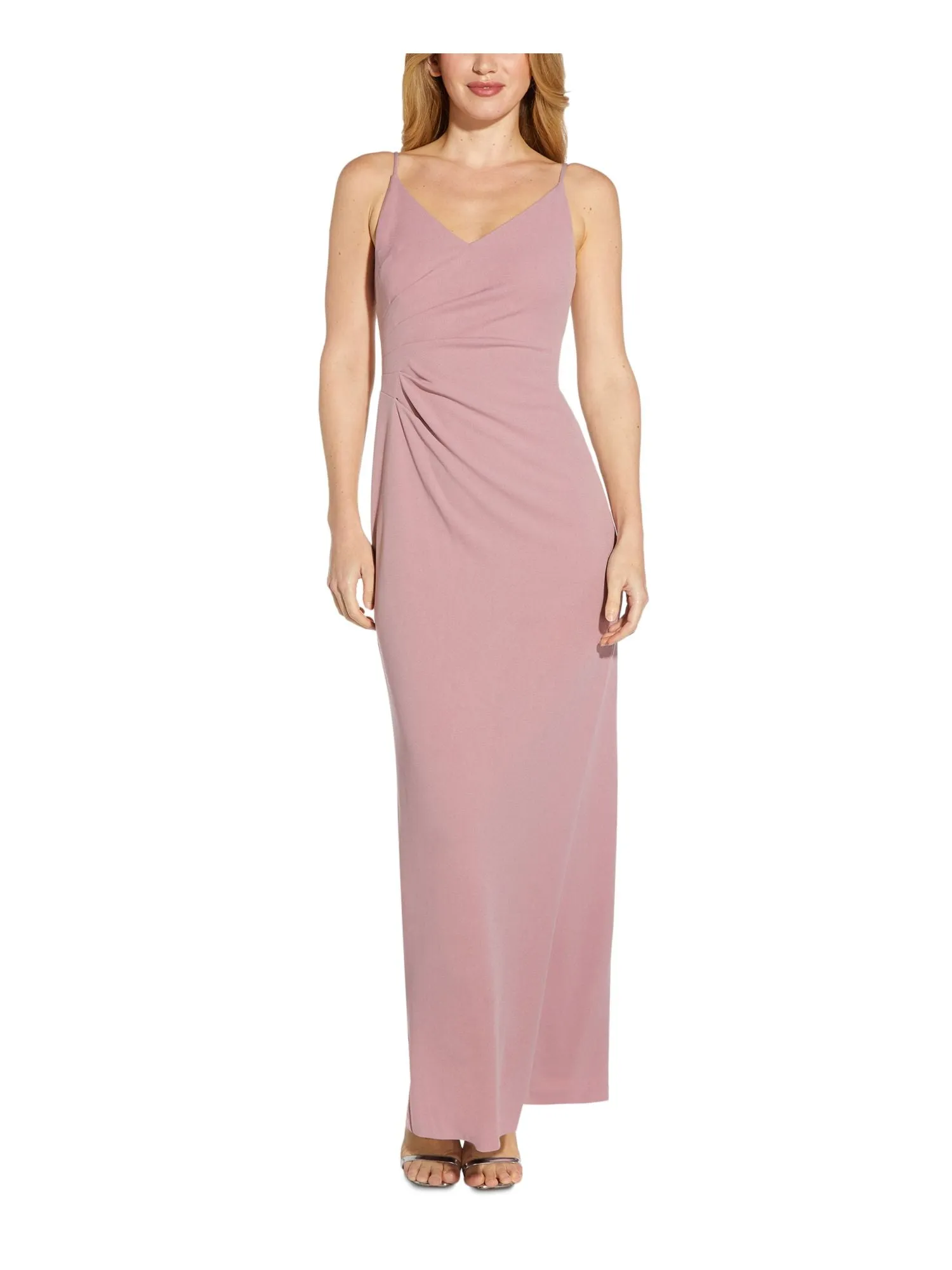 ADRIANNA PAPELL Womens Purple Stretch Ruched Zippered Column Silhouette Back Slit Spaghetti Strap V Neck Full-Length Evening Dress