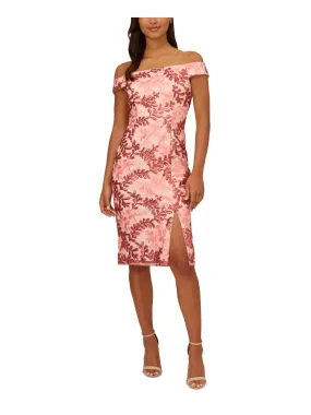 ADRIANNA PAPELL Womens Zippered Short Sleeve Off Shoulder Midi Party Sheath Dress