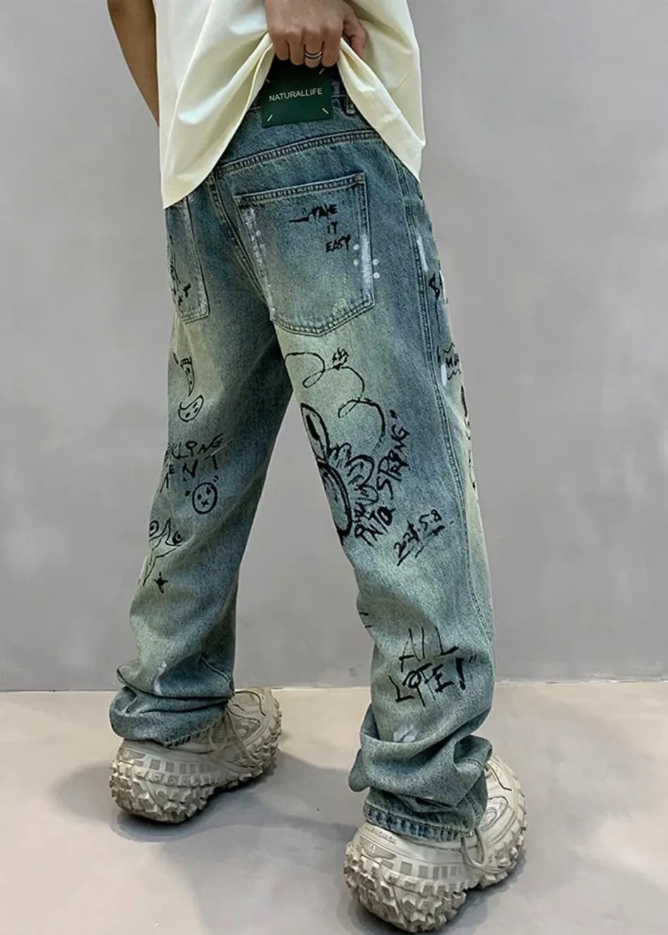 Art Denim Blue High Wais Print Mens Pants F4213