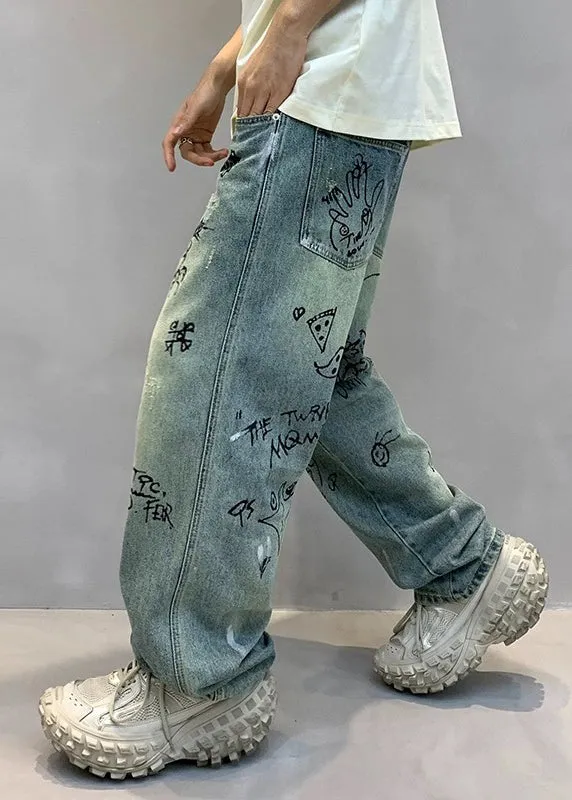 Art Denim Blue High Wais Print Mens Pants F4213