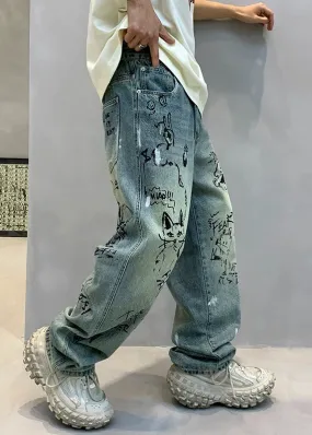 Art Denim Blue High Wais Print Mens Pants F4213