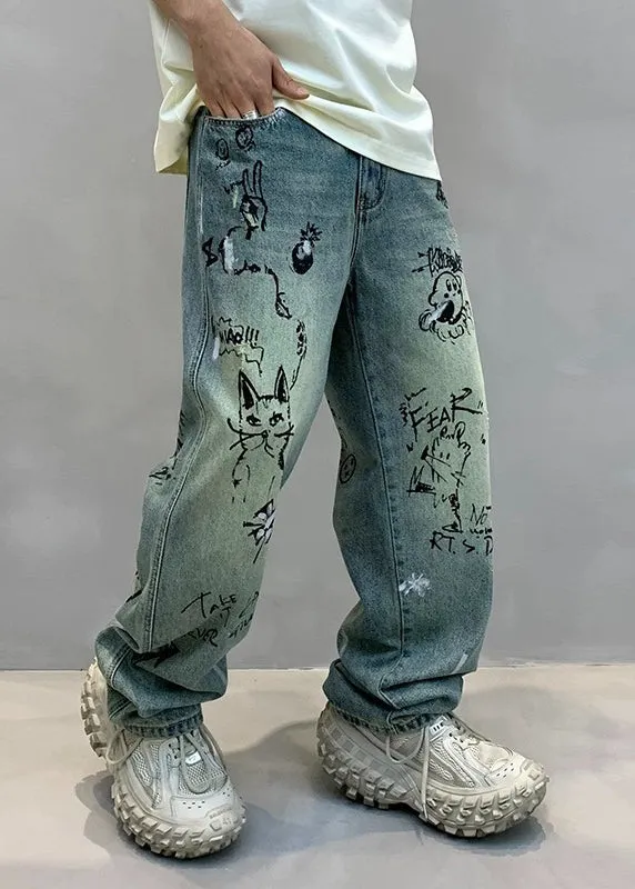 Art Denim Blue High Wais Print Mens Pants F4213