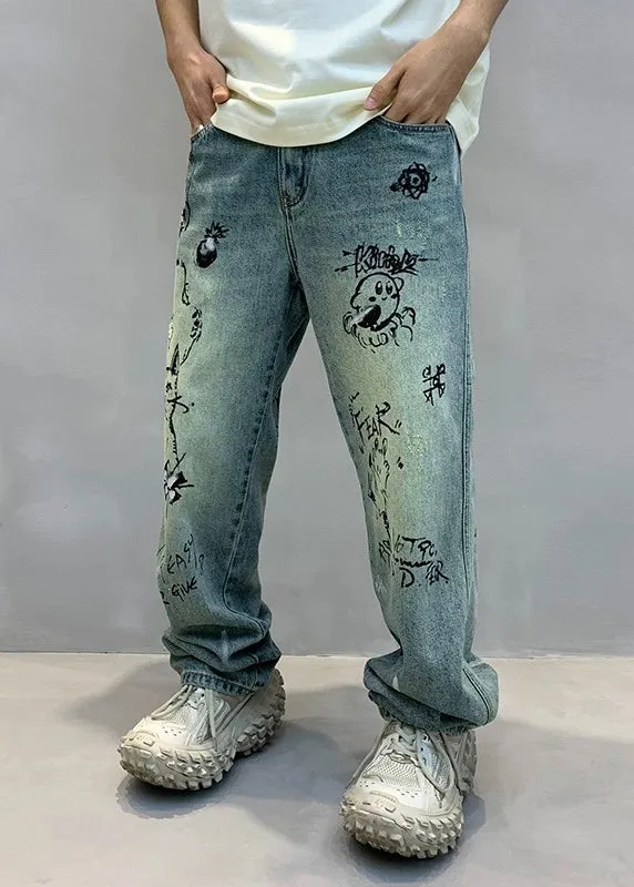 Art Denim Blue High Wais Print Mens Pants F4213