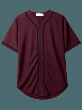 Baseball Maroon Striped Collar Button Up Shirts