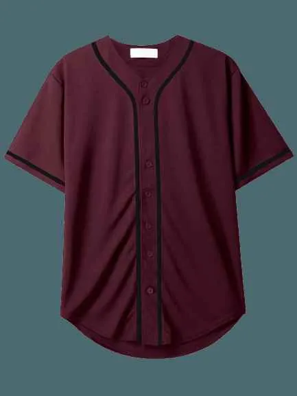Baseball Maroon Striped Collar Button Up Shirts