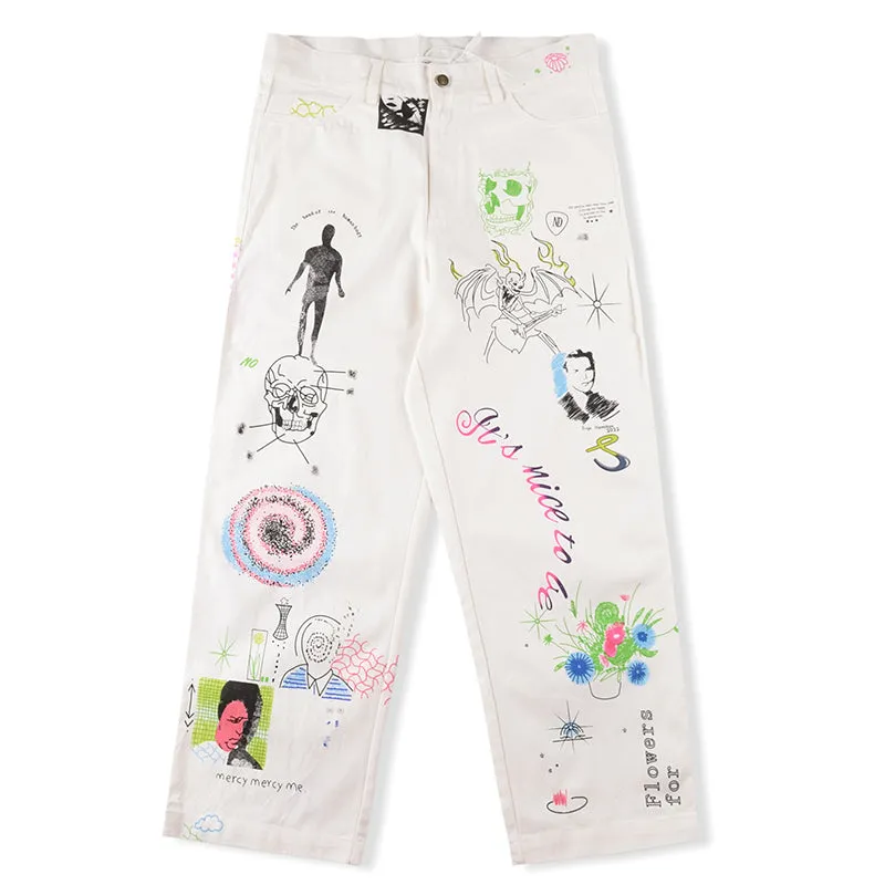 Basquiat Inspired Abstract Doodle Print White Denim Jeans