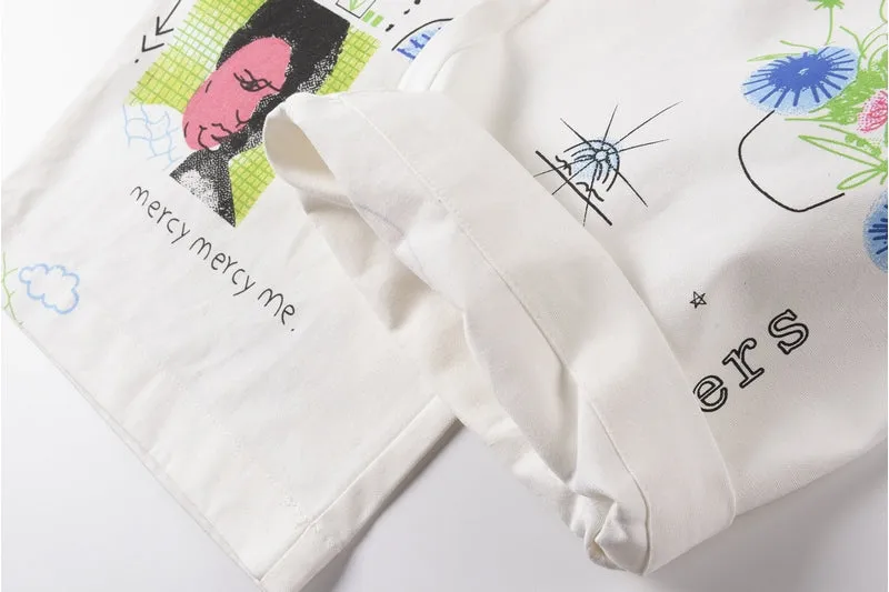 Basquiat Inspired Abstract Doodle Print White Denim Jeans