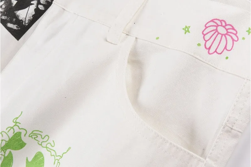 Basquiat Inspired Abstract Doodle Print White Denim Jeans