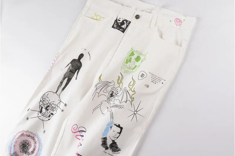 Basquiat Inspired Abstract Doodle Print White Denim Jeans