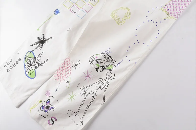 Basquiat Inspired Abstract Doodle Print White Denim Jeans