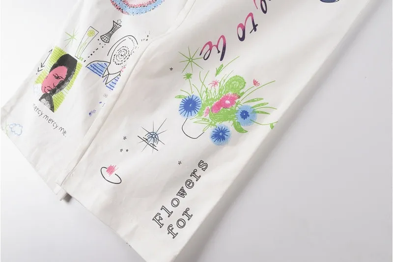 Basquiat Inspired Abstract Doodle Print White Denim Jeans