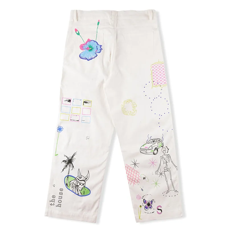Basquiat Inspired Abstract Doodle Print White Denim Jeans