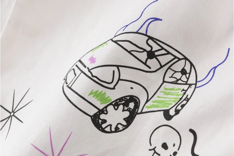 Basquiat Inspired Abstract Doodle Print White Denim Jeans