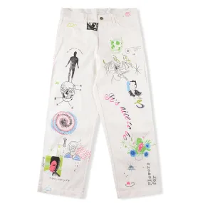 Basquiat Inspired Abstract Doodle Print White Denim Jeans