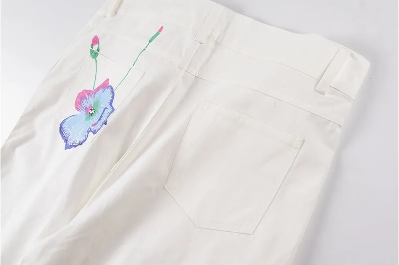 Basquiat Inspired Abstract Doodle Print White Denim Jeans