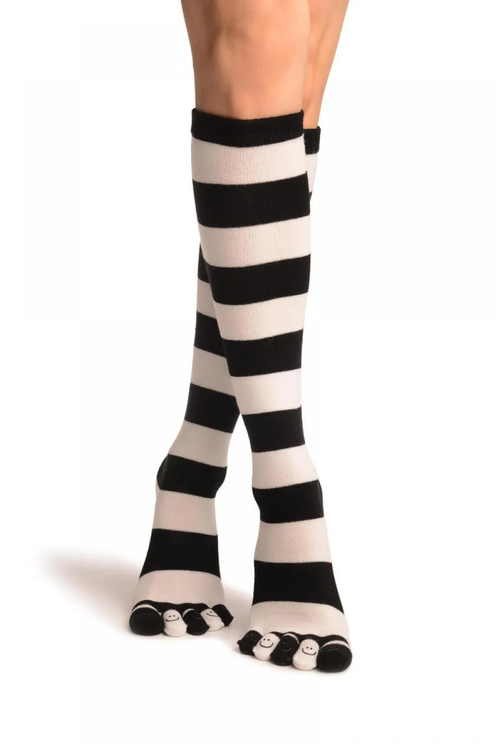 Black & White Stripes & Printed Smiles Knee High Toe Socks
