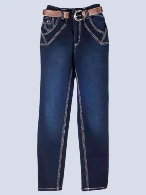 Boys' Dark Wash Denim Jeans with Brown Belt Accent