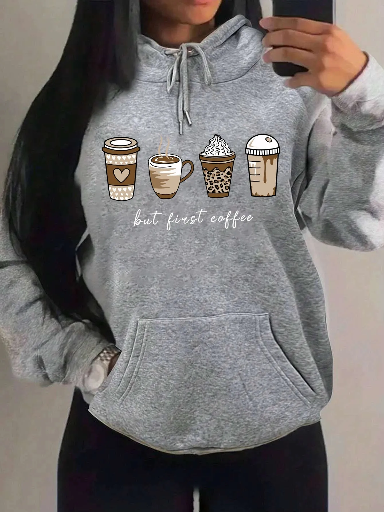 But First Coffee Cartoons Coffee Drinks Pattern Hoodies Fashion Warm Hoody Casual Trendy Sweatshirt Street Women Pullovers