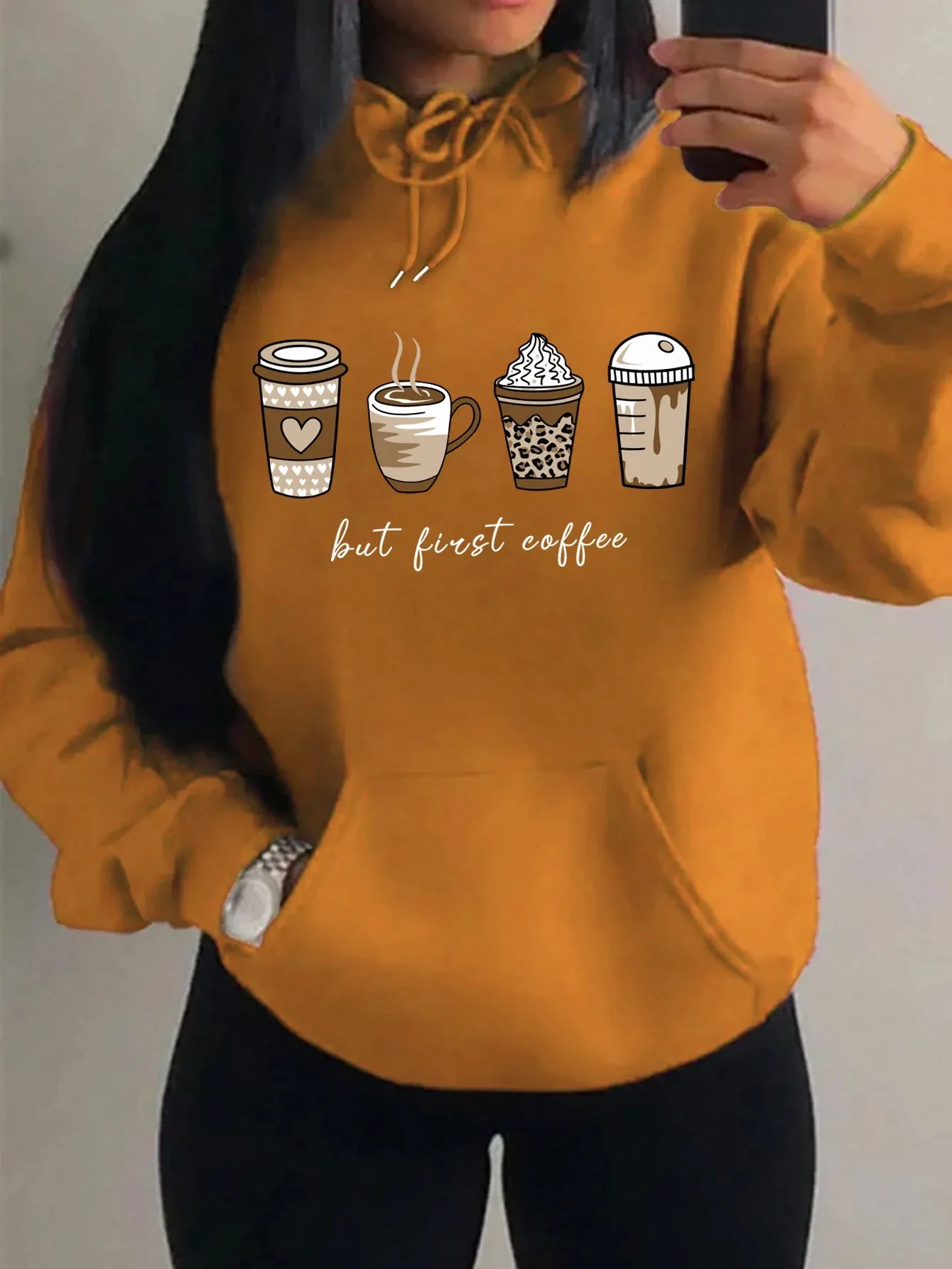 But First Coffee Cartoons Coffee Drinks Pattern Hoodies Fashion Warm Hoody Casual Trendy Sweatshirt Street Women Pullovers