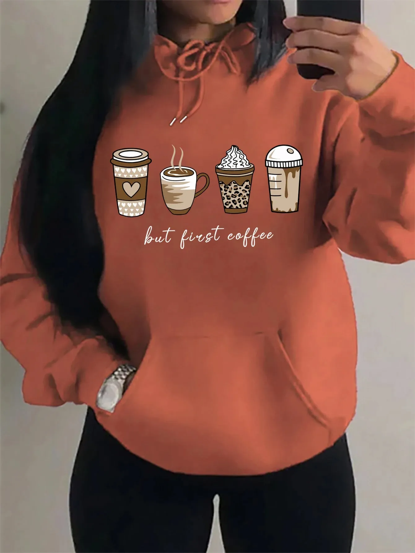But First Coffee Cartoons Coffee Drinks Pattern Hoodies Fashion Warm Hoody Casual Trendy Sweatshirt Street Women Pullovers