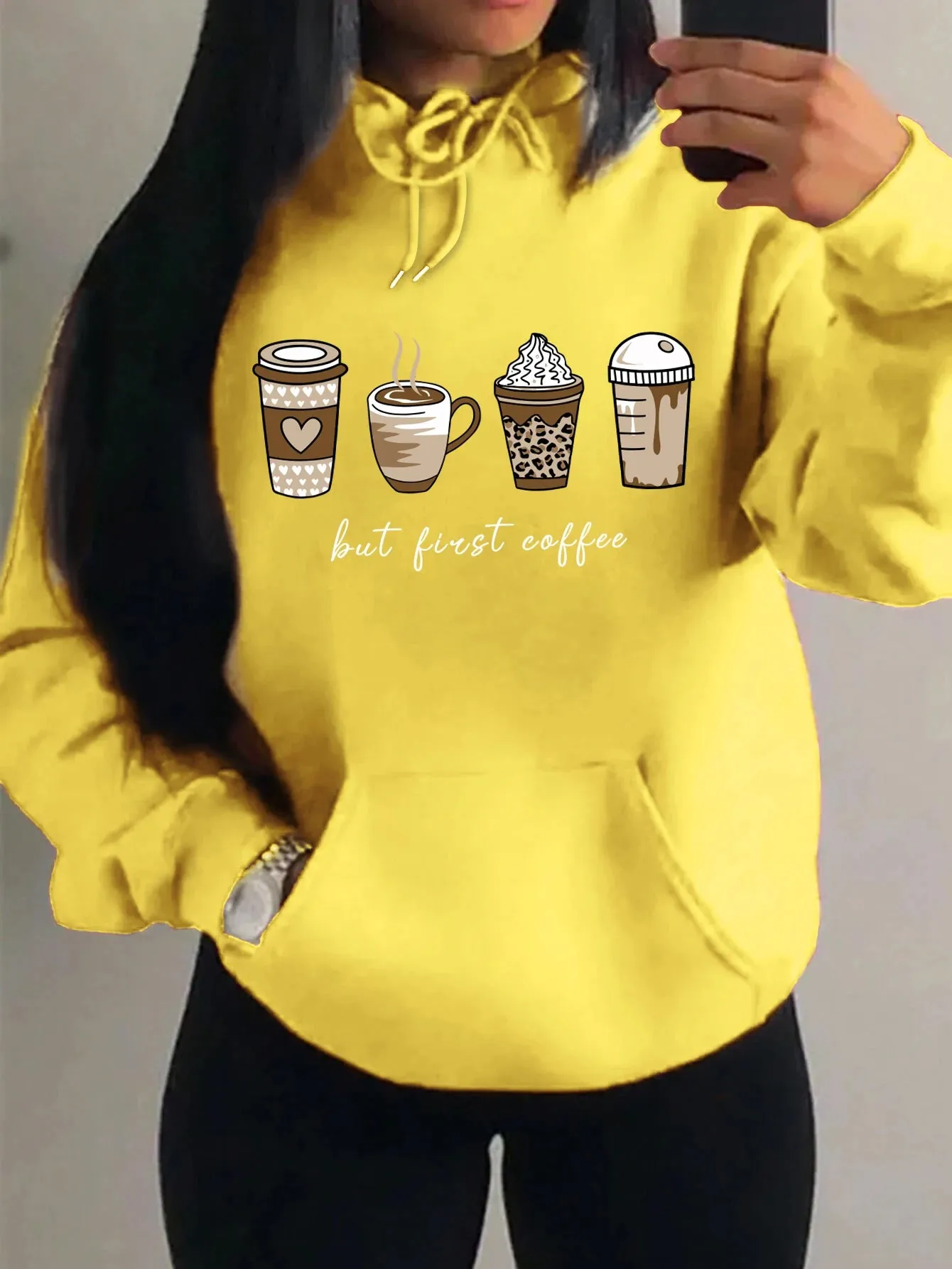 But First Coffee Cartoons Coffee Drinks Pattern Hoodies Fashion Warm Hoody Casual Trendy Sweatshirt Street Women Pullovers