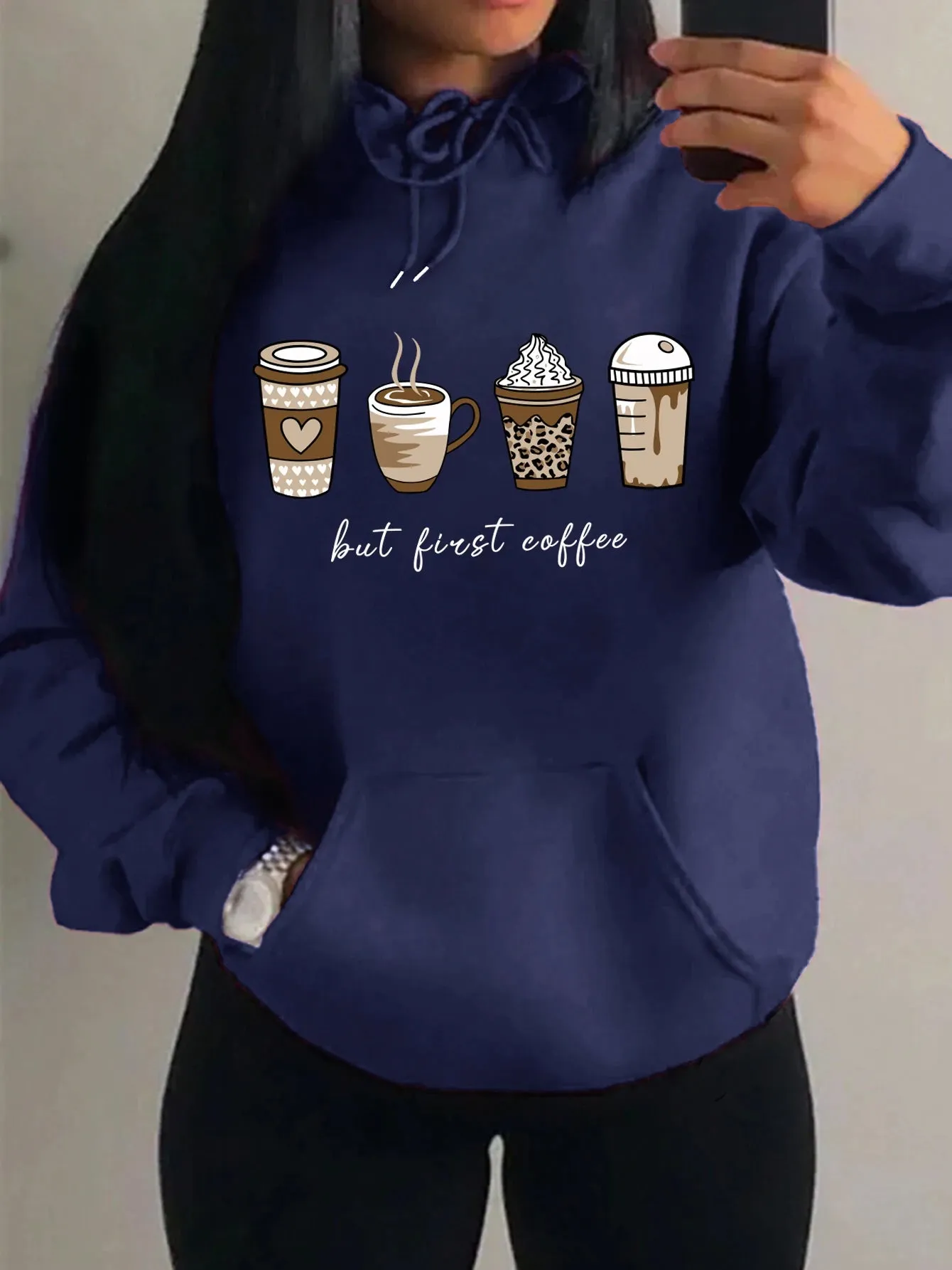 But First Coffee Cartoons Coffee Drinks Pattern Hoodies Fashion Warm Hoody Casual Trendy Sweatshirt Street Women Pullovers