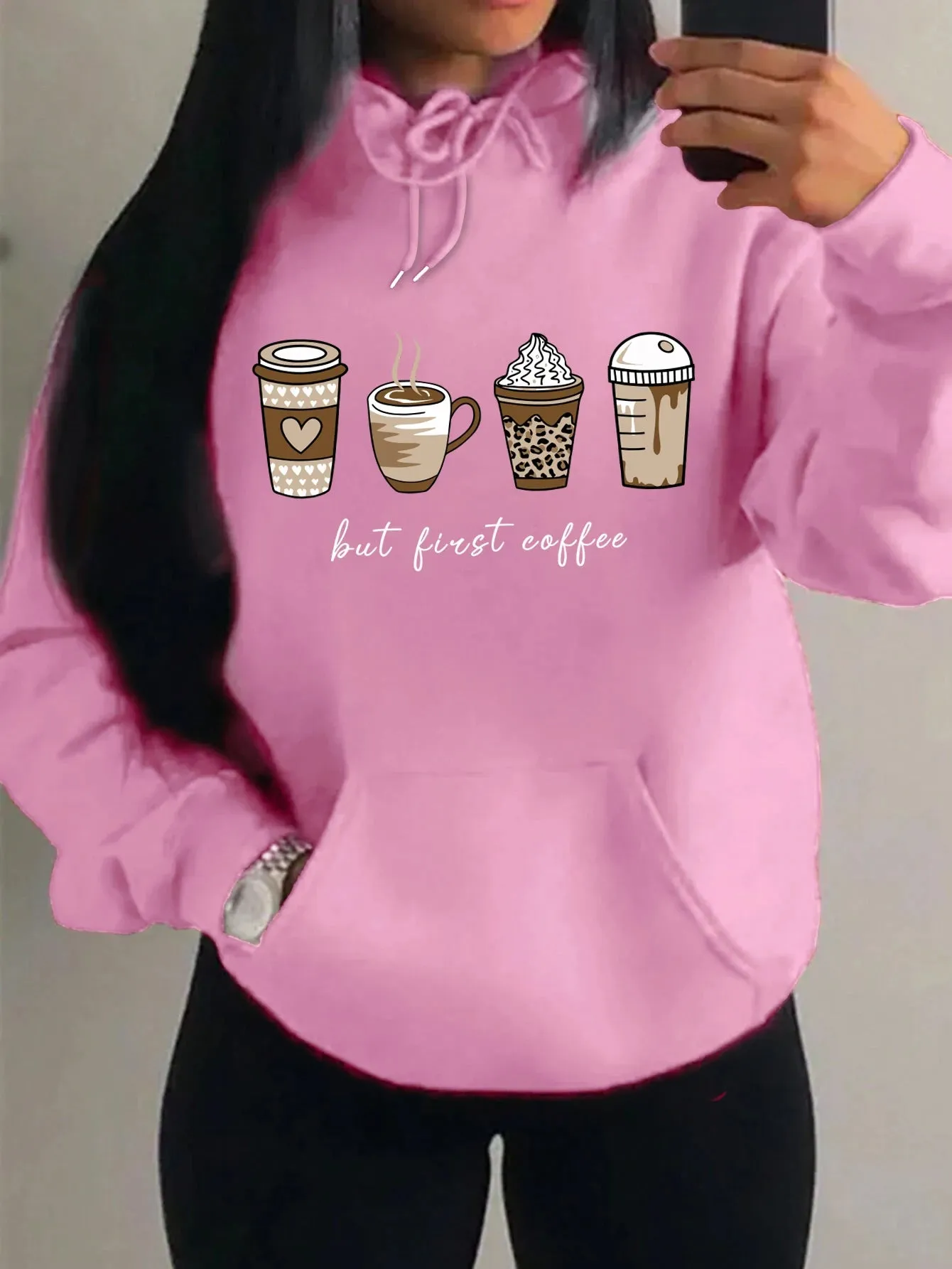 But First Coffee Cartoons Coffee Drinks Pattern Hoodies Fashion Warm Hoody Casual Trendy Sweatshirt Street Women Pullovers