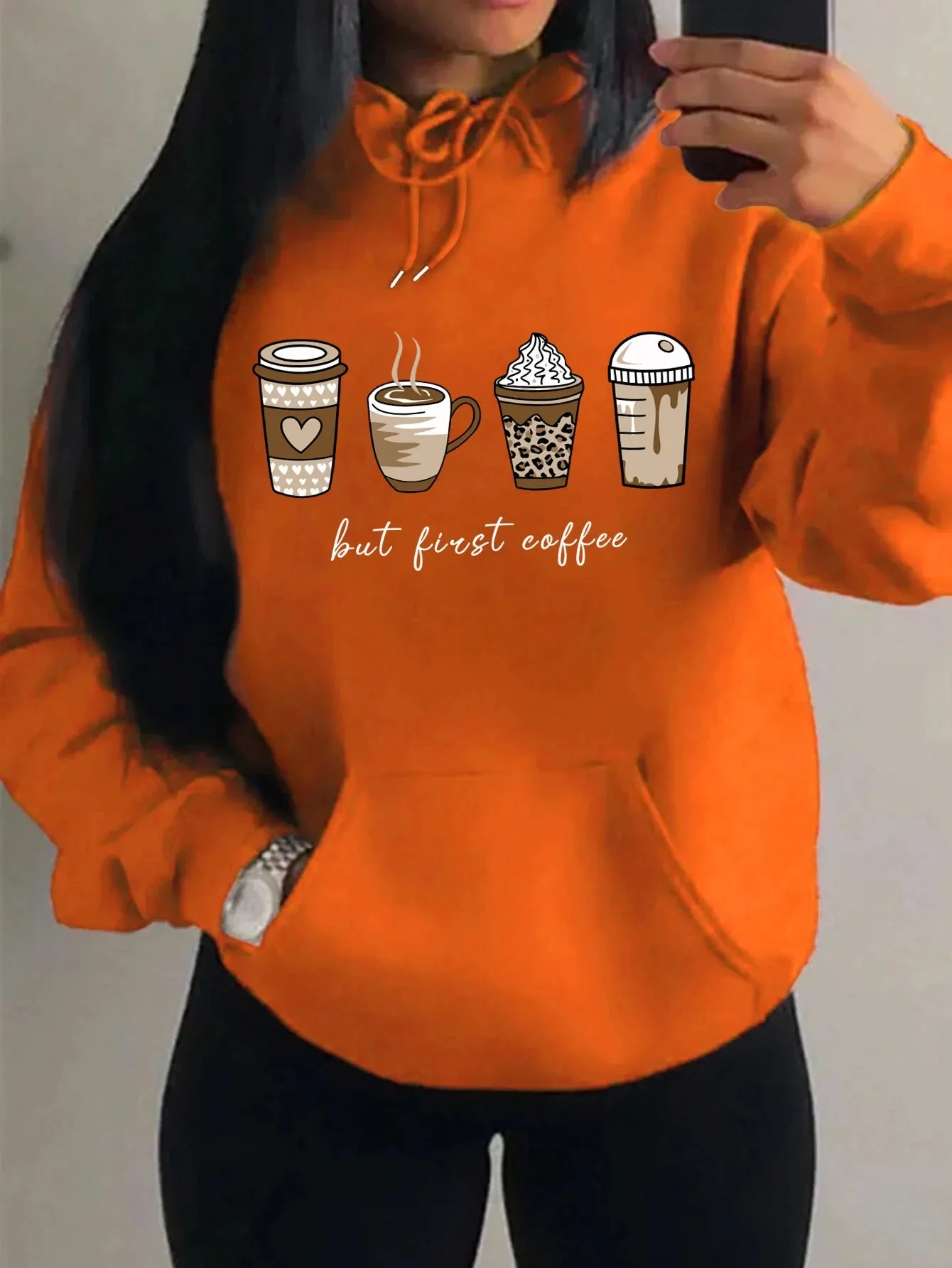 But First Coffee Cartoons Coffee Drinks Pattern Hoodies Fashion Warm Hoody Casual Trendy Sweatshirt Street Women Pullovers