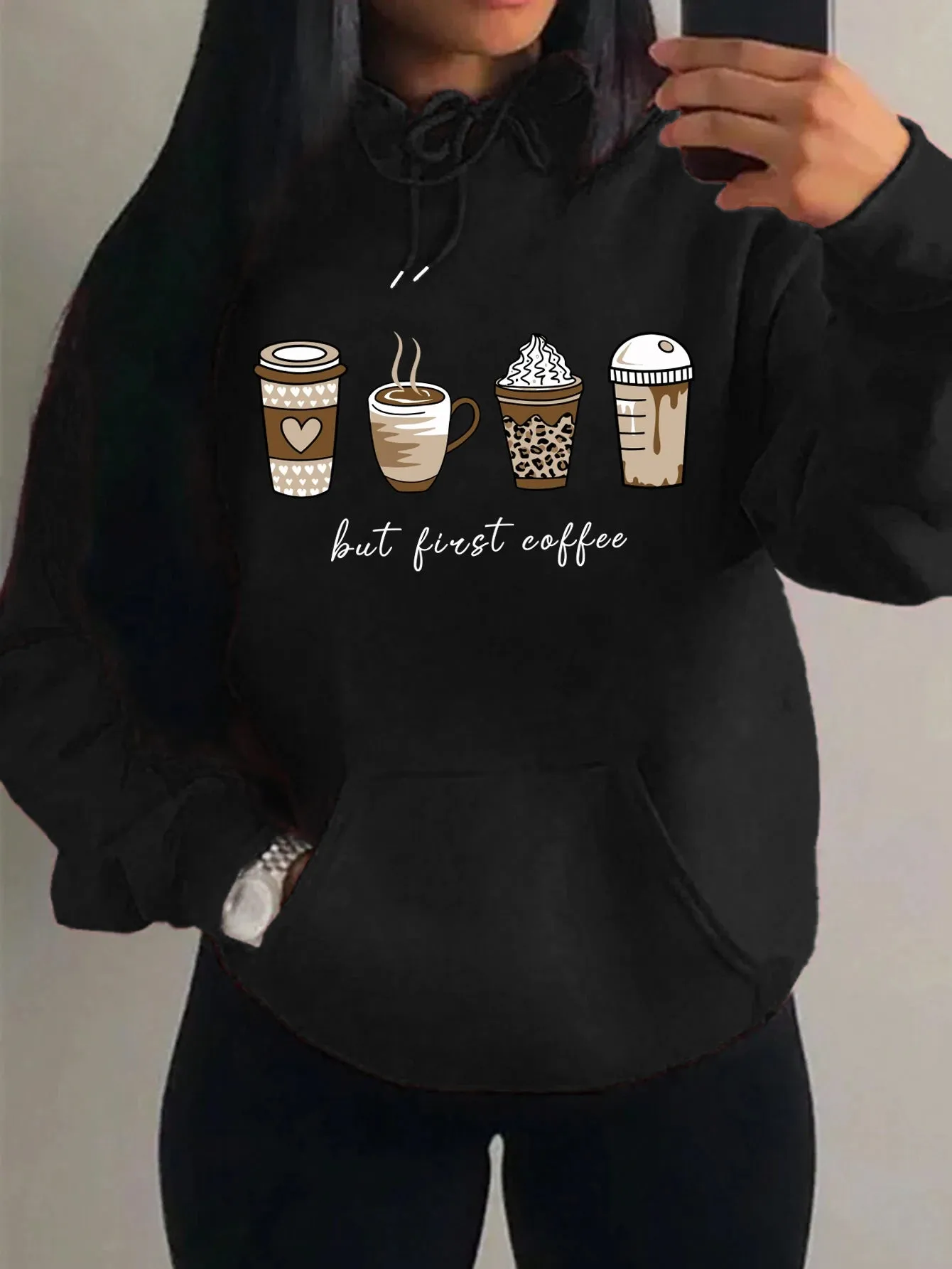 But First Coffee Cartoons Coffee Drinks Pattern Hoodies Fashion Warm Hoody Casual Trendy Sweatshirt Street Women Pullovers