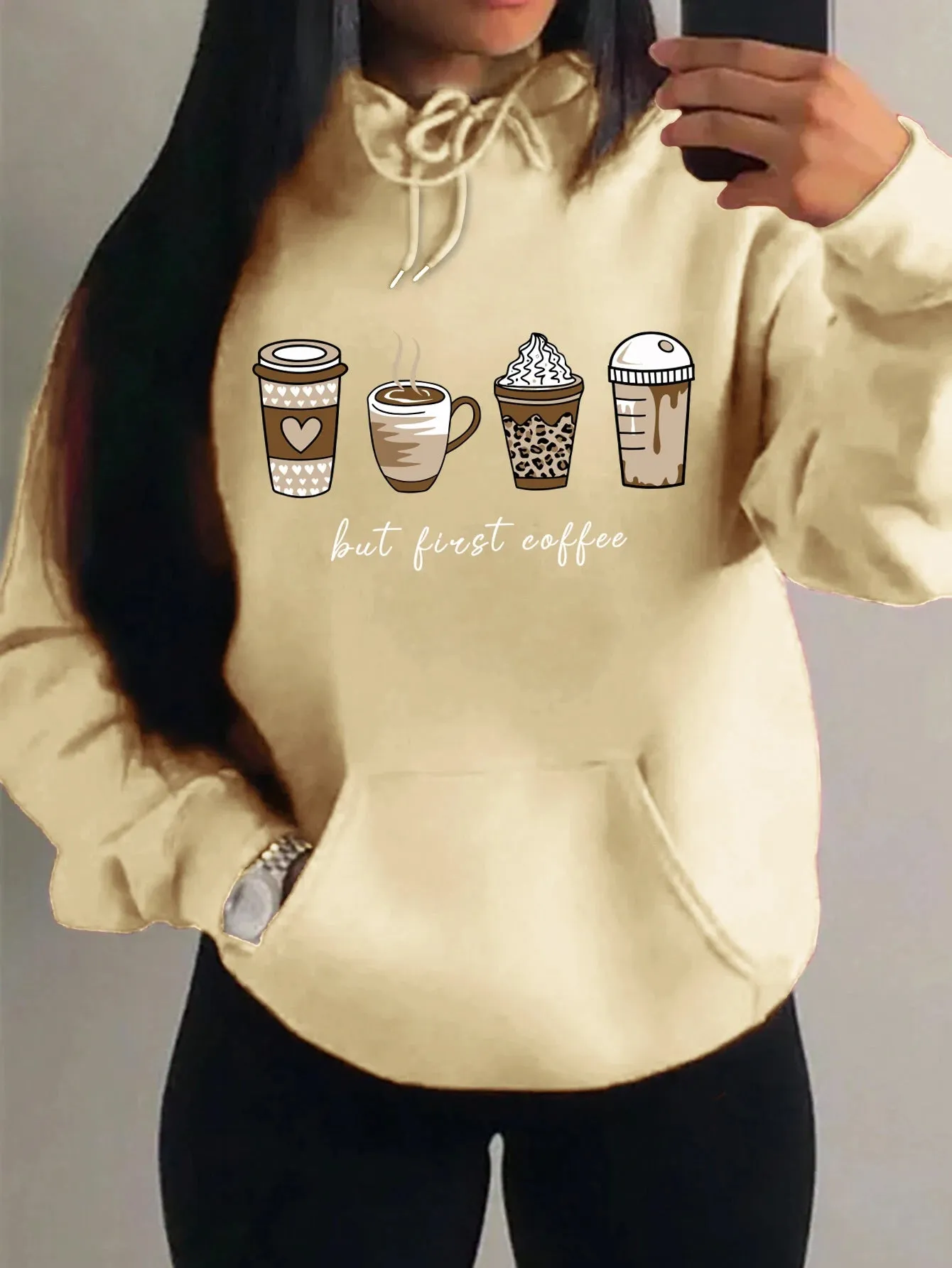 But First Coffee Cartoons Coffee Drinks Pattern Hoodies Fashion Warm Hoody Casual Trendy Sweatshirt Street Women Pullovers